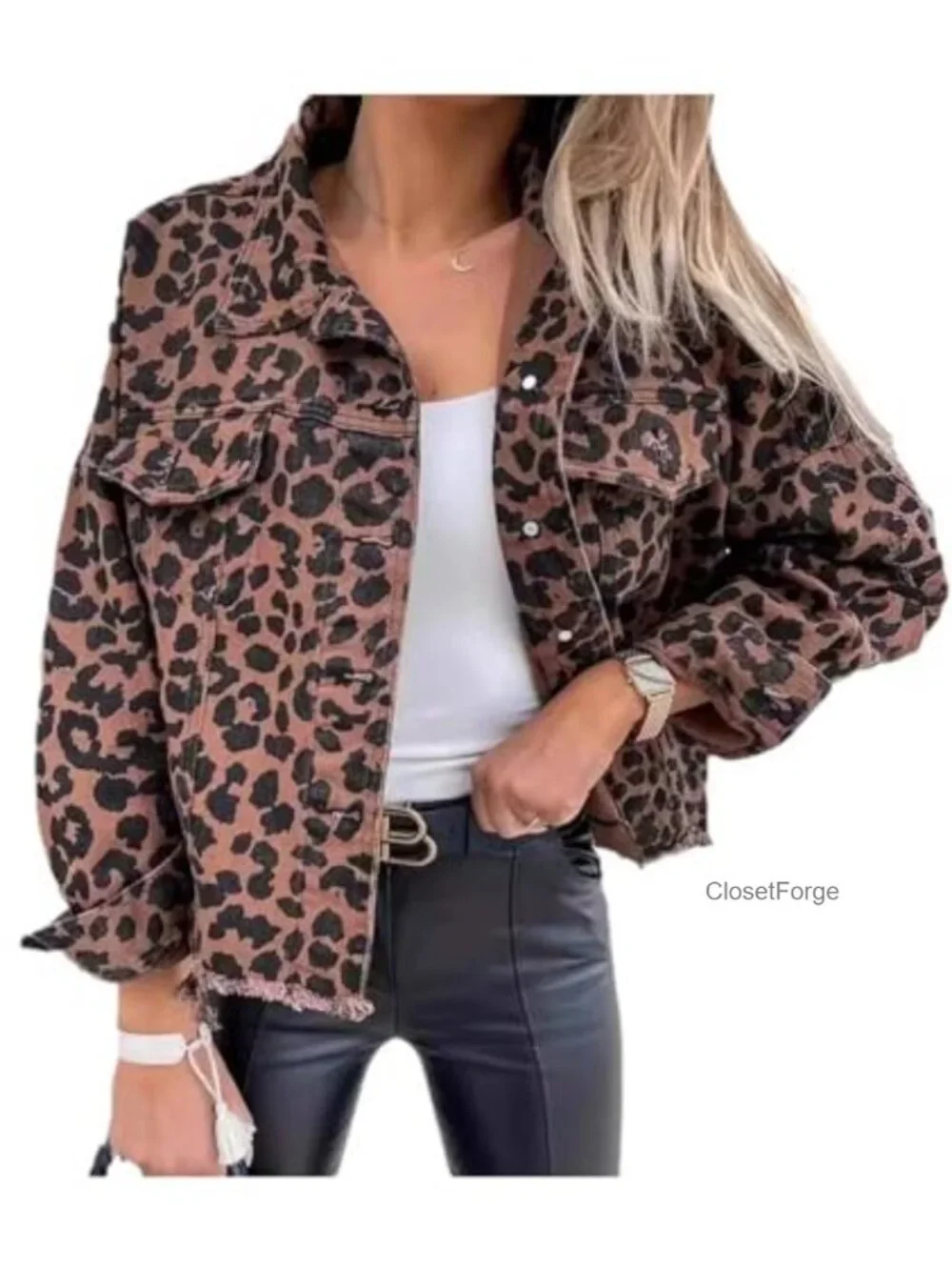 Leopard Print Denim Jacket Long Sleeve Button Down Lapel Collar Flap Pockets